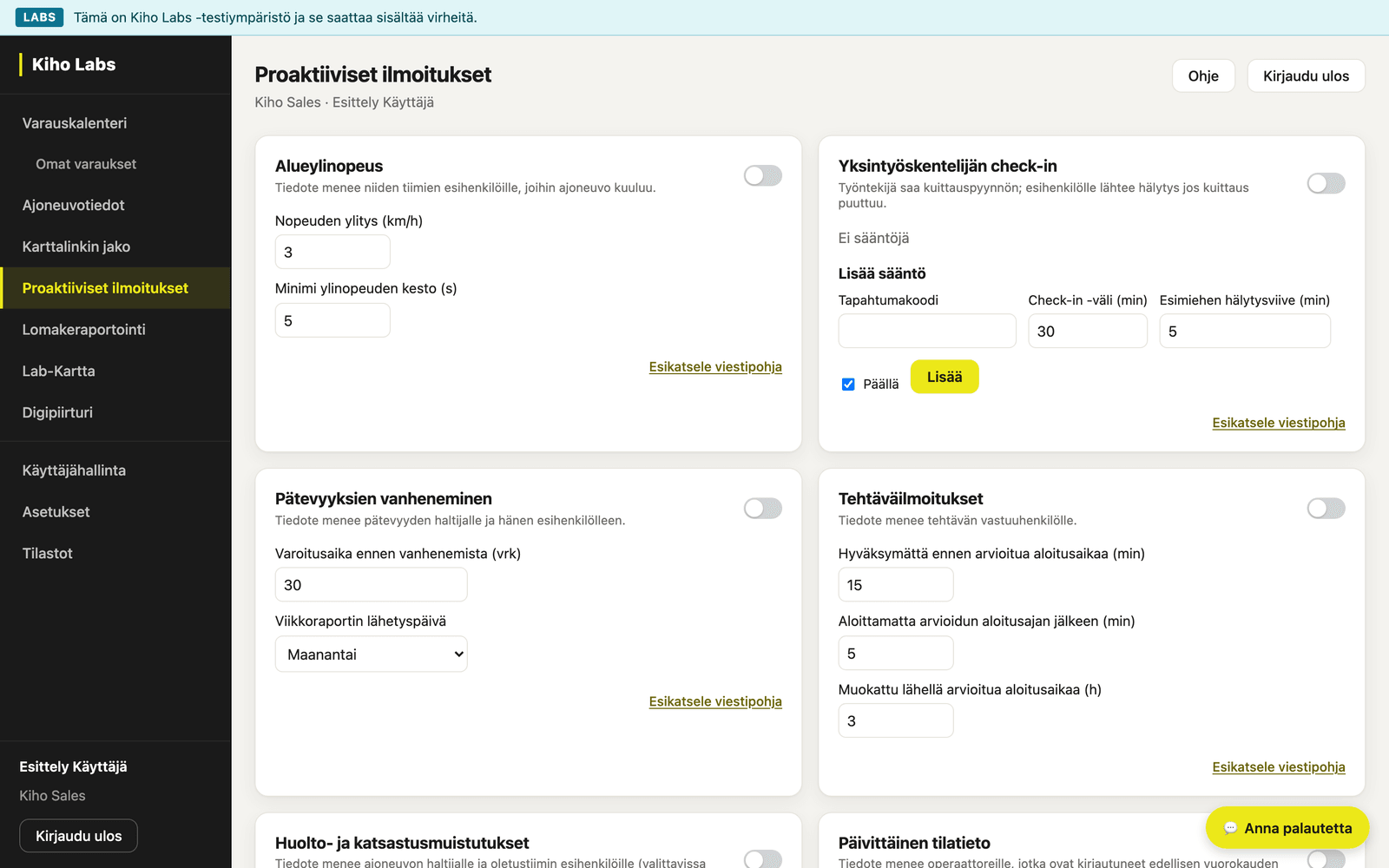 Proaktiiviset ilmoitukset -asetusnäkymä: Tehtäväilmoitusten kolme aikarajaa ja muut ilmoituskortit