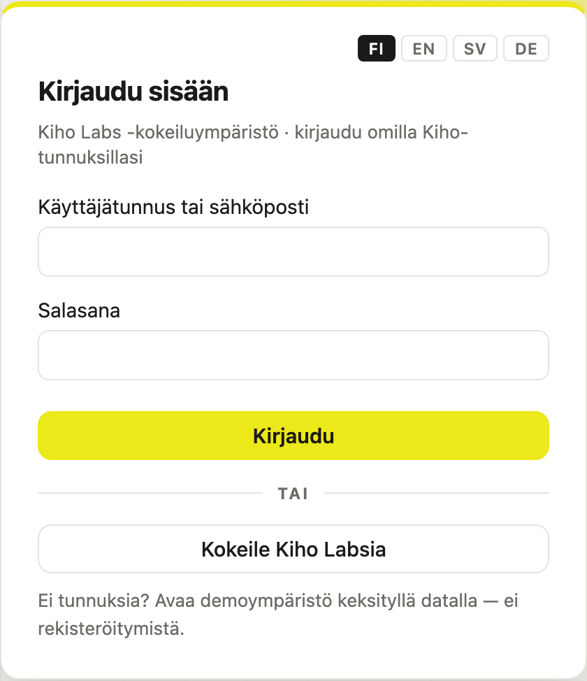 Kirjautumiskortti, jonka yläreunassa on kielivalitsin painikkeilla FI, EN, SV ja DE
