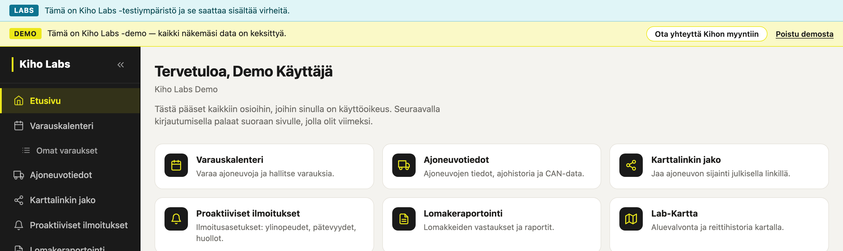 Demoympäristön yläpalkki: keltainen demopalkki tekstillä kaikki data on keksittyä sekä napit Ota yhteyttä Kihon myyntiin ja Poistu demosta
