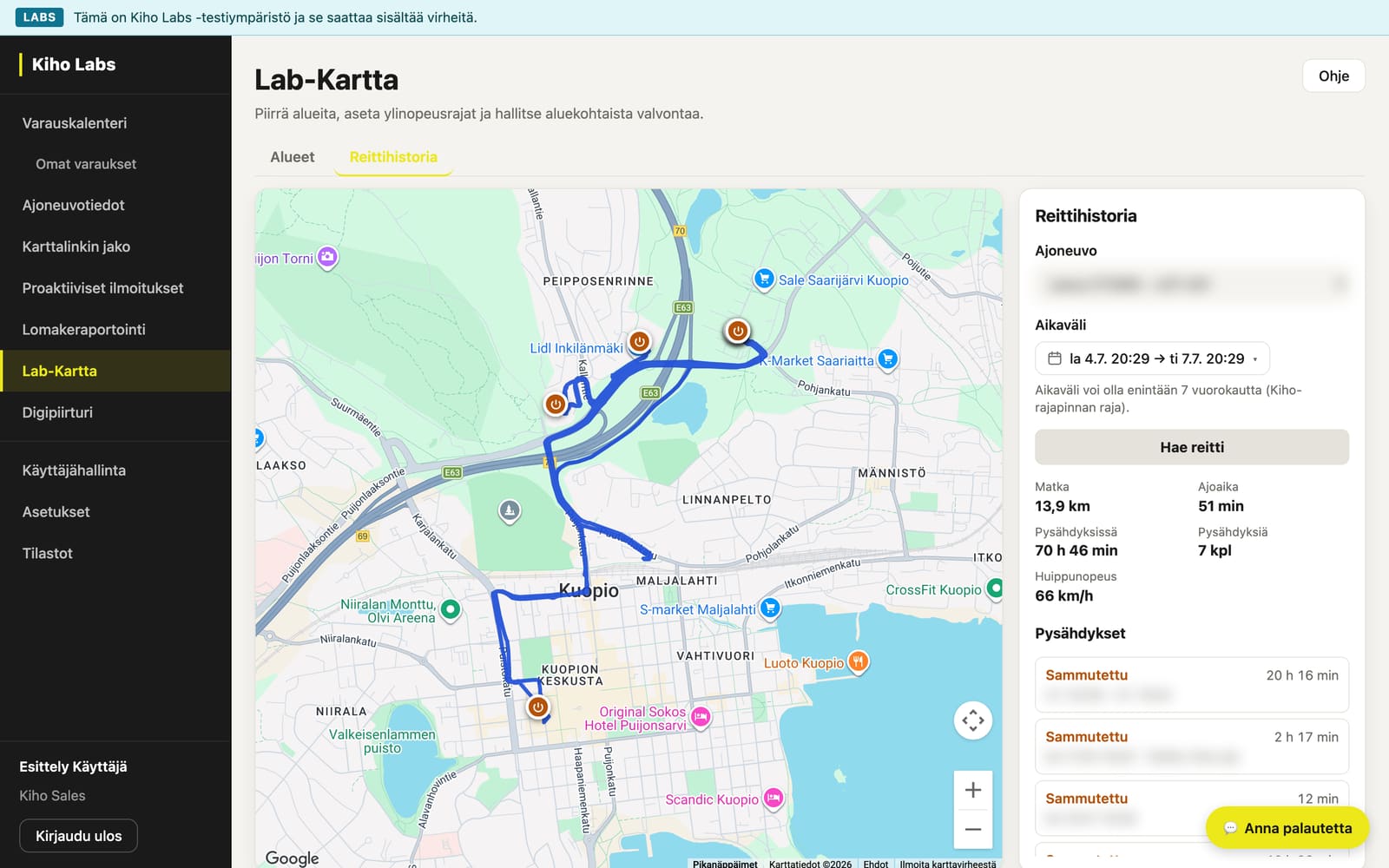 Reittihistoria: ajettu reitti piirrettynä kartalle, pysähdysmerkit sekä matkan yhteenveto ja pysähdyslista